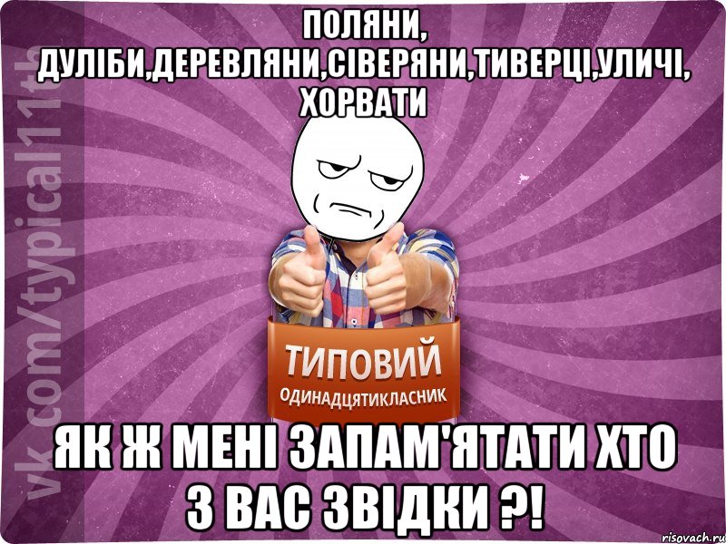 поляни, дуліби,деревляни,сіверяни,тиверці,уличі, хорвати як ж мені запам'ятати хто з вас звідки ?!