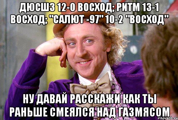 ДЮСШ3 12-0 Восход; Ритм 13-1 Восход; "САЛЮТ -97" 10-2 "ВОСХОД" Ну давай расскажи как ты раньше смеялся над газмясом, Мем Ну давай расскажи (Вилли Вонка)