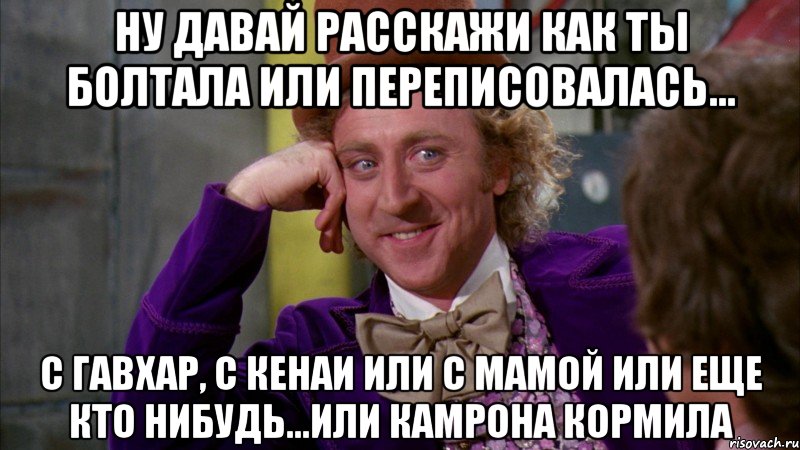 Ну давай расскажи как ты болтала или переписовалась... С Гавхар, с кенаи или с мамой или еще кто нибудь...или Камрона кормила, Мем Ну давай расскажи (Вилли Вонка)