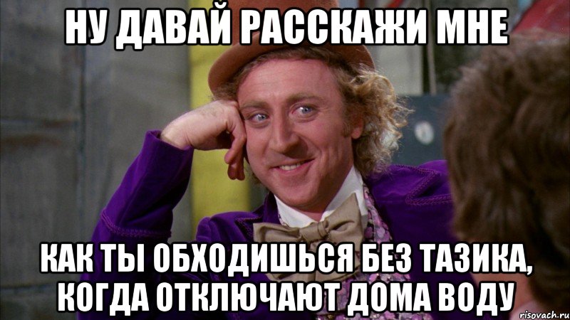 ну давай расскажи мне как ты обходишься без тазика, когда отключают дома воду, Мем Ну давай расскажи (Вилли Вонка)
