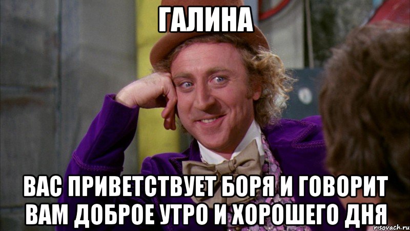 ГАЛИНА ВАС ПРИВЕТСТВУЕТ БОРЯ И ГОВОРИТ ВАМ ДОБРОЕ УТРО И ХОРОШЕГО ДНЯ, Мем Ну давай расскажи (Вилли Вонка)