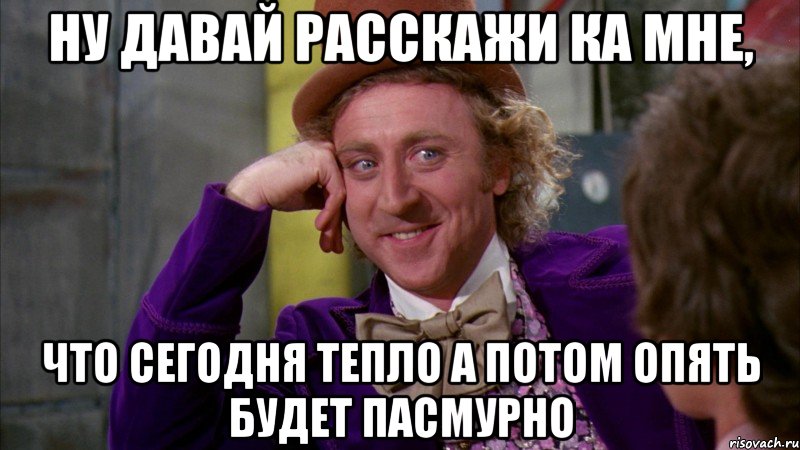 ну давай расскажи ка мне, что сегодня тепло а потом опять будет пасмурно, Мем Ну давай расскажи (Вилли Вонка)