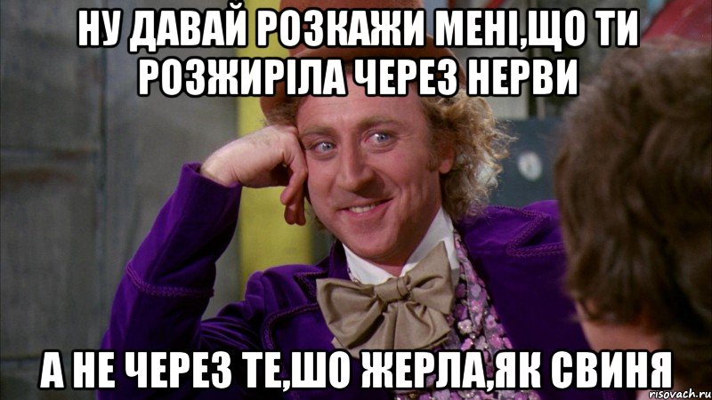 ну давай розкажи мені,що ти розжиріла через нерви а не через те,шо жерла,як свиня, Мем Ну давай расскажи (Вилли Вонка)