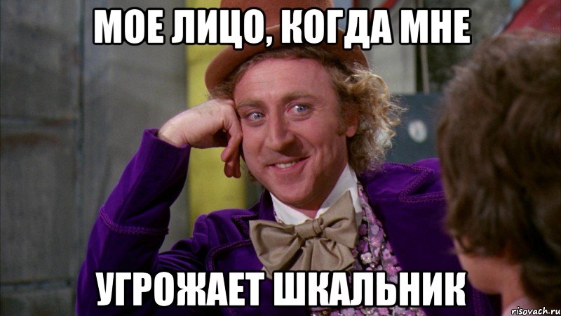 Мое лицо, когда мне Угрожает шкальник, Мем Ну давай расскажи (Вилли Вонка)
