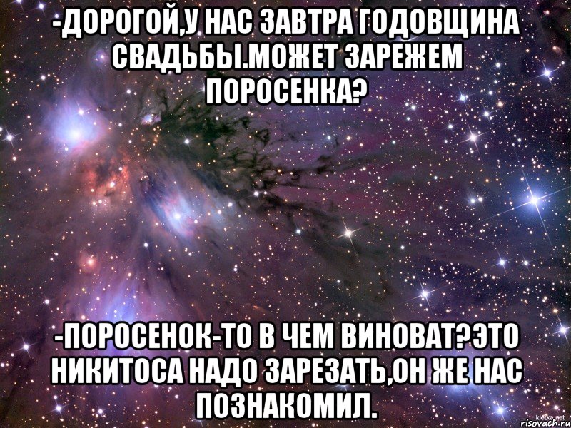 -Дорогой,у нас завтра годовщина свадьбы.Может зарежем поросенка? -Поросенок-то в чем виноват?Это Никитоса надо зарезать,он же нас познакомил., Мем Космос