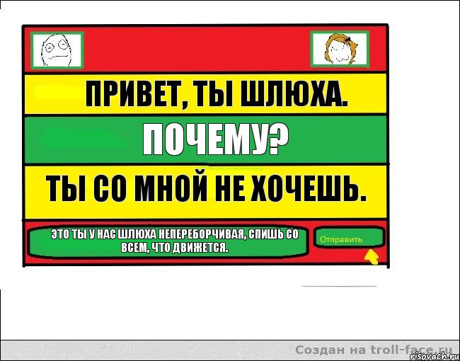 Привет, ты шлюха. Почему? Ты со мной не хочешь. Это ты у нас шлюха непереборчивая, спишь со всем, что движется.