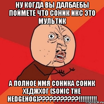 ну когда вы далбаебы поймете что соник икс это мультик А ПОЛНОЕ ИМЯ СОНИКА СОНИК ХЕДЖХОГ (SONIC THE HEDGEHOG)???????????!!!!!!!!!!, Мем Почему