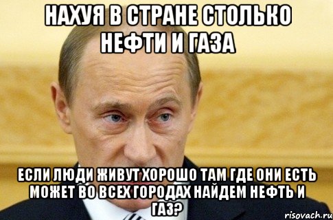 НАХУЯ В СТРАНЕ СТОЛЬКО НЕФТИ И ГАЗА ЕСЛИ ЛЮДИ ЖИВУТ ХОРОШО ТАМ ГДЕ ОНИ ЕСТЬ МОЖЕТ ВО ВСЕХ ГОРОДАХ НАЙДЕМ НЕФТЬ И ГАЗ?, Мем путин