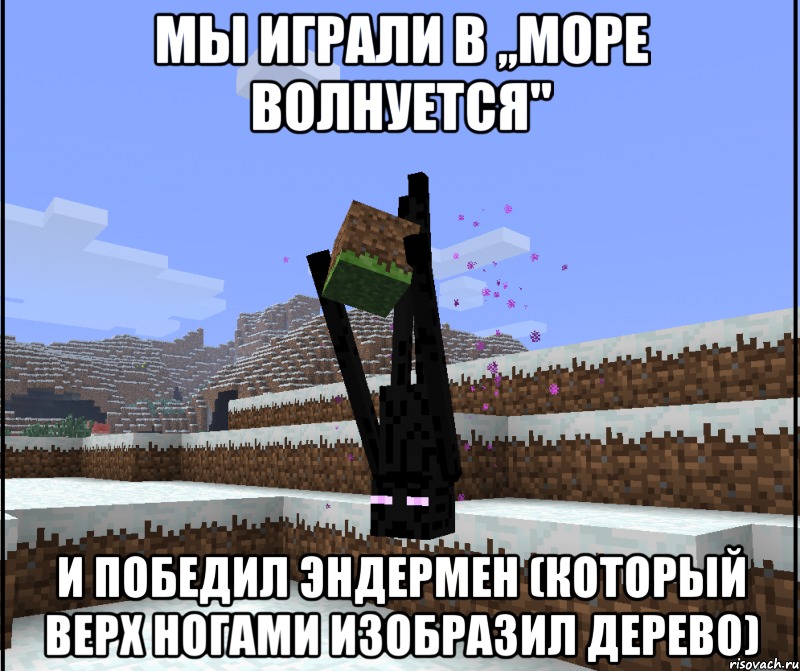 Мы играли в ,,Море волнуется" и победил эндермен (который верх ногами изобразил дерево)