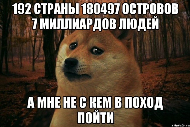 192 страны 180497 островов 7 миллиардов людей а мне не с кем в поход пойти, Мем SAD DOGE