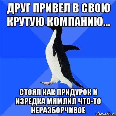 Друг привел в свою крутую компанию... Стоял как придурок и изредка мямлил что-то неразборчивое, Мем  Социально-неуклюжий пингвин