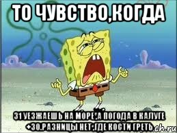 то чувство,когда 31 уезжаешь на море ,а погода в Калуге +30.разницы нет ,где кости греть, Мем Спанч Боб плачет