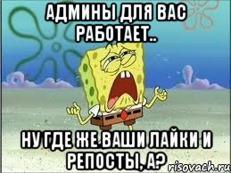 Админы для вас работает.. Ну где же ваши лайки и репосты, А?, Мем Спанч Боб плачет