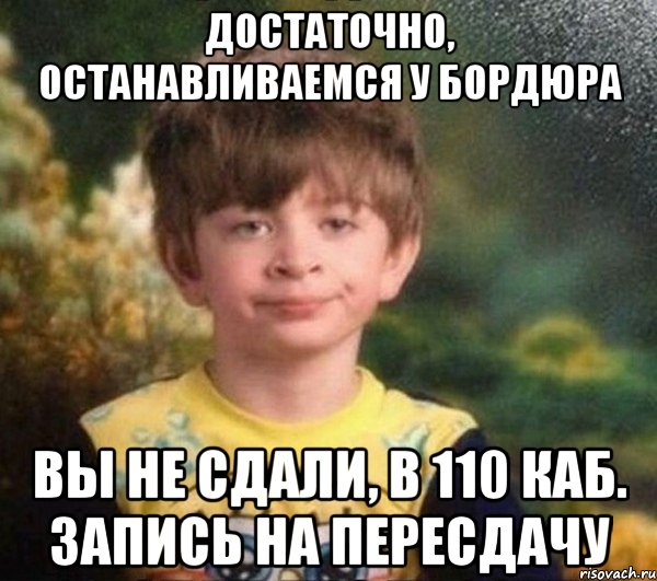 Достаточно, останавливаемся у бордюра вы не сдали, в 110 каб. запись на пересдачу, Мем Мальчик в пижаме