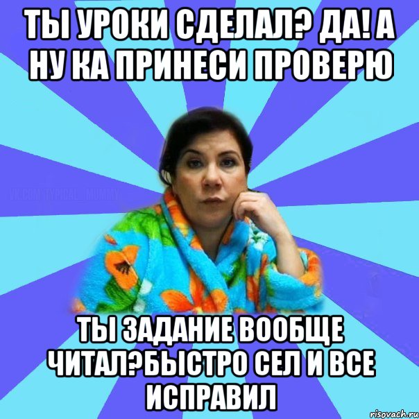 Ты уроки сделал? Да! А ну ка принеси проверю Ты задание вообще читал?Быстро сел и все исправил, Мем типичная мама