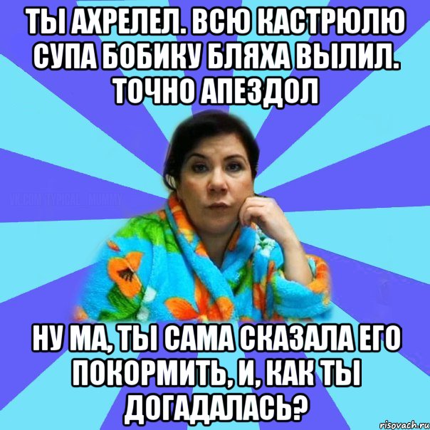 Ты ахрелел. Всю кастрюлю супа Бобику бляха вылил. Точно апездол Ну ма, ты сама сказала его покормить, и, как ты догадалась?, Мем типичная мама