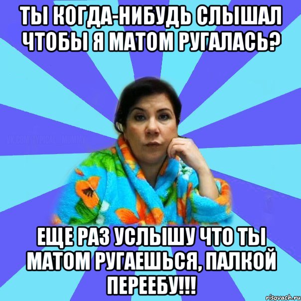 ТЫ КОГДА-НИБУДЬ СЛЫШАЛ ЧТОБЫ Я МАТОМ РУГАЛАСЬ? ЕЩЕ РАЗ УСЛЫШУ ЧТО ТЫ МАТОМ РУГАЕШЬСЯ, ПАЛКОЙ ПЕРЕЕБУ!!!, Мем типичная мама