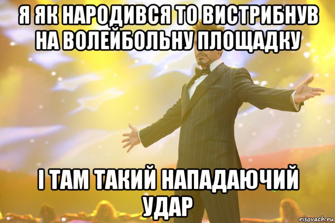 я як народився то вистрибнув на волейбольну площадку і там такий нападаючий удар, Мем Тони Старк (Роберт Дауни младший)