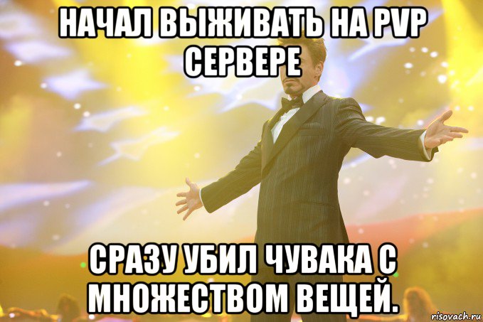 Начал выживать на PvP сервере Сразу убил чувака с множеством вещей., Мем Тони Старк (Роберт Дауни младший)