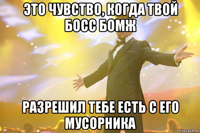 Это чувство, когда твой босс бомж Разрешил тебе есть с его мусорника