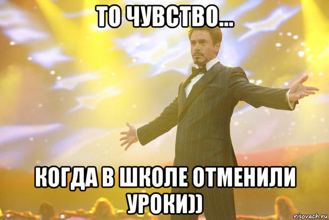 То чувство... Когда в школе отменили уроки)), Мем Тони Старк (Роберт Дауни младший)