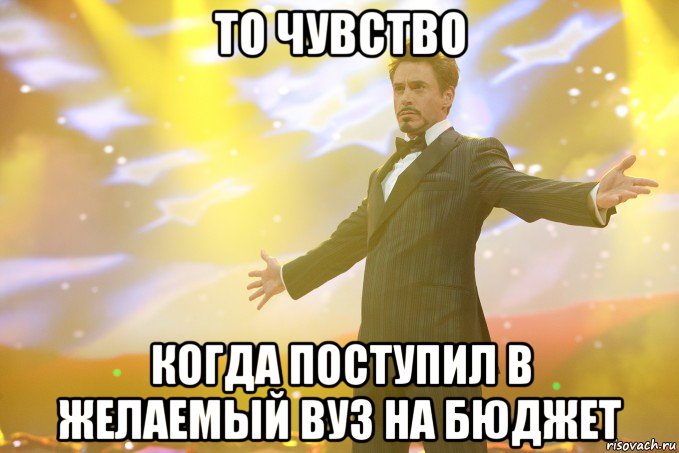 То чувство когда поступил в желаемый ВУЗ на бюджет, Мем Тони Старк (Роберт Дауни младший)