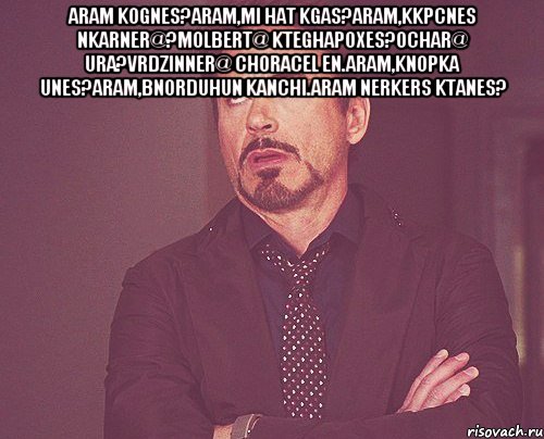 Aram kognes?Aram,mi hat kgas?Aram,kkpcnes nkarner@?Molbert@ kteghapoxes?Ochar@ ura?Vrdzinner@ choracel en.Aram,knopka unes?Aram,bnorduhun kanchi.Aram nerkers ktanes? , Мем твое выражение лица