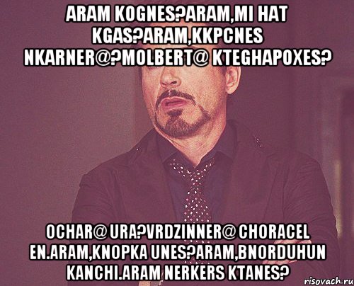 Aram kognes?Aram,mi hat kgas?Aram,kkpcnes nkarner@?Molbert@ kteghapoxes? Ochar@ ura?Vrdzinner@ choracel en.Aram,knopka unes?Aram,bnorduhun kanchi.Aram nerkers ktanes?, Мем твое выражение лица