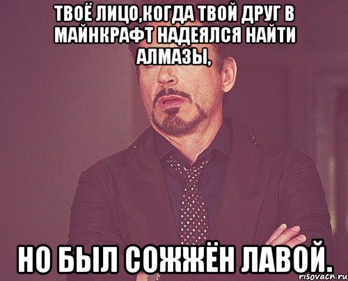 Твоё лицо,когда твой друг в Майнкрафт надеялся найти алмазы, Но был сожжён лавой., Мем твое выражение лица