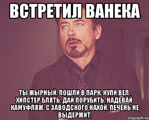 Встретил ванека ты жырный. пошли в парк. купи вел. хипстер блять. дай порубить. надевай камуфляж. с заводского нахой. печень не выдержит., Мем твое выражение лица