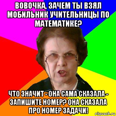 Вовочка, зачем ты взял мобильник учительницы по математике? Что значит - она сама сказала - запишите номер? Она сказала про номер задачи!, Мем Типичная училка