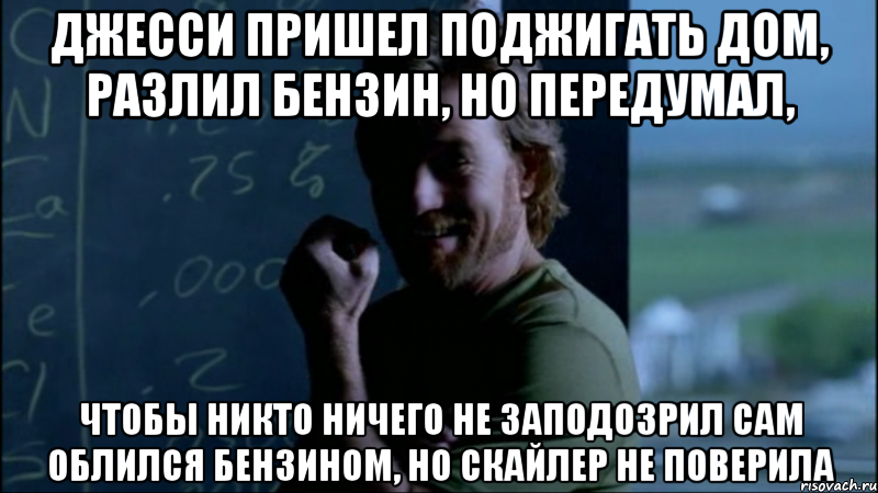 Джесси пришел поджигать дом, разлил бензин, но передумал, Чтобы никто ничего не заподозрил сам облился бензином, но Скайлер не поверила