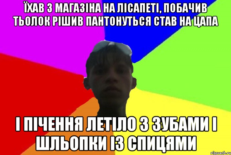їхав з магазіна на лісапеті, побачив тьолок рішив пантонуться став на цапа і пічення летіло з зубами і шльопки із спицями