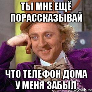 Ты мне ещё порассказывай Что телефон дома у меня забыл, Мем Ну давай расскажи (Вилли Вонка)