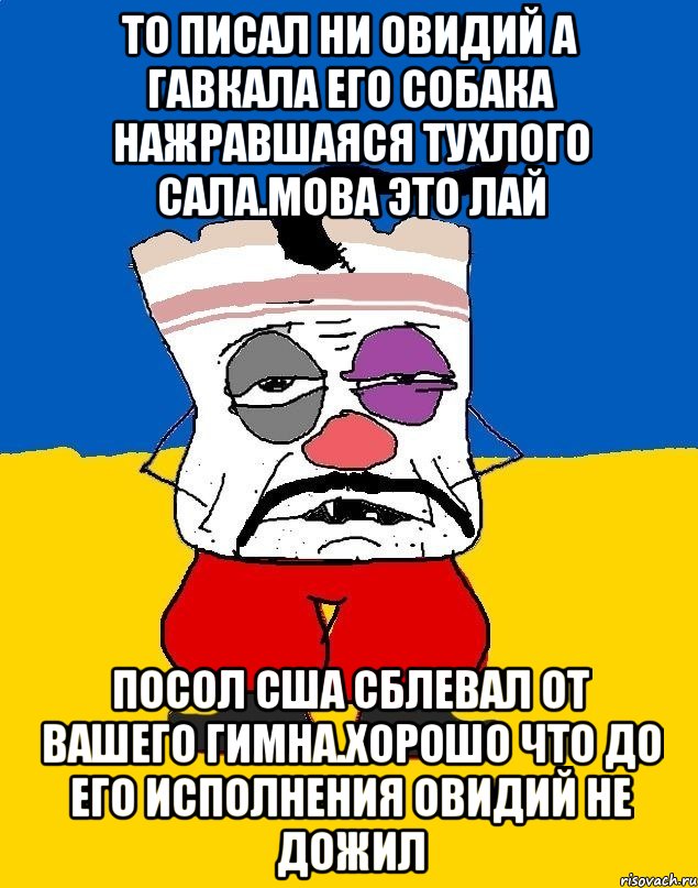 То писал ни овидий а гавкала его собака нажравшаяся тухлого сала.мова это лай Посол сша сблевал от вашего гимна.хорошо что до его исполнения овидий не дожил, Мем Западенец - тухлое сало