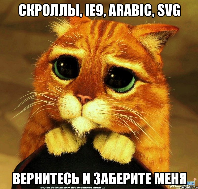 Скроллы, IE9, arabic, svg вернитесь и заберите меня, Мем Котик из Шрека