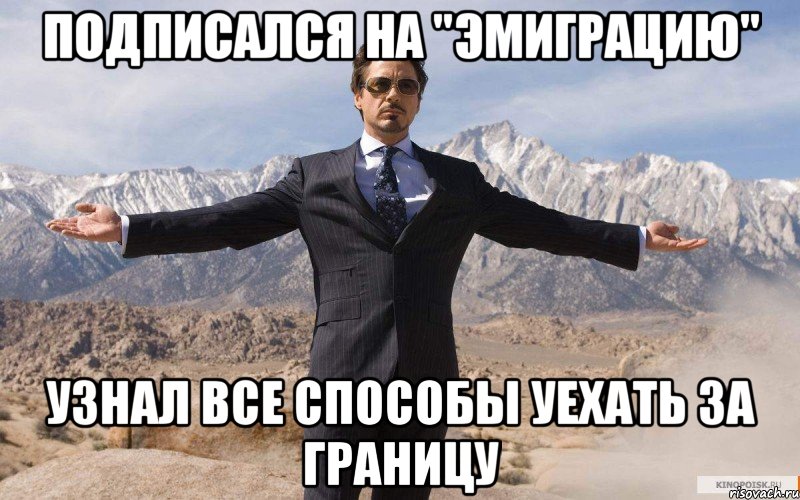 Подписался на "Эмиграцию" Узнал все способы уехать за границу, Мем железный человек