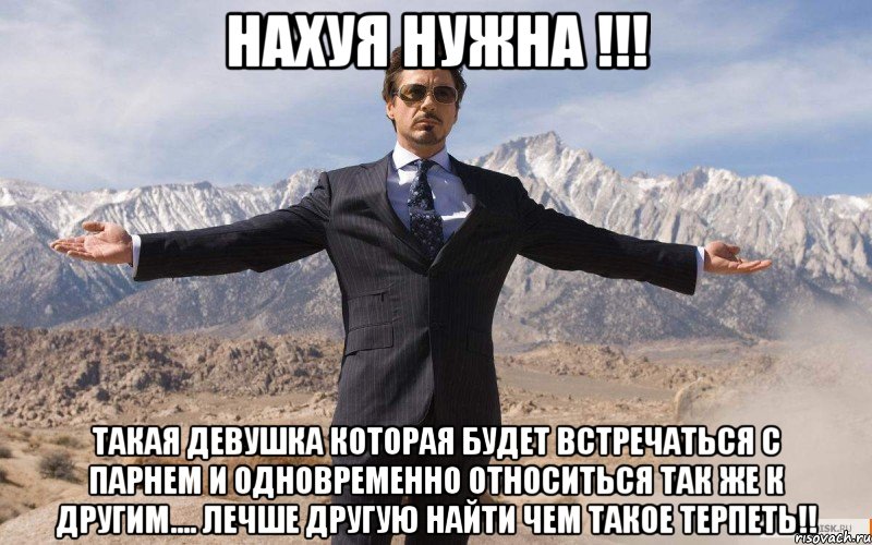 Нахуя нужна !!! такая девушка которая будет встречаться с парнем и одновременно относиться так же к другим.... лечше другую найти чем такое терпеть!!, Мем железный человек