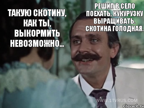 Такую скотину, как ты, выкормить невозможно... Решил в село поехать, кукурузку выращивать. Скотина голодная.
