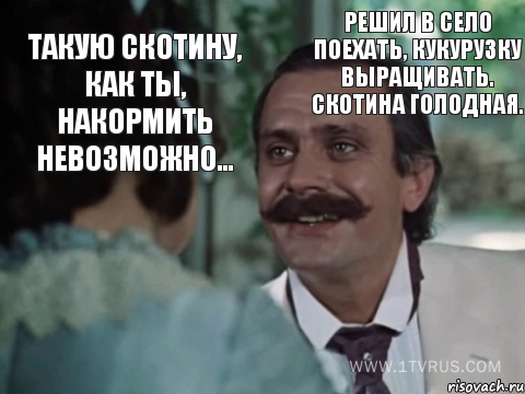 Такую скотину, как ты, накормить невозможно... Решил в село поехать, кукурузку выращивать. Скотина голодная.