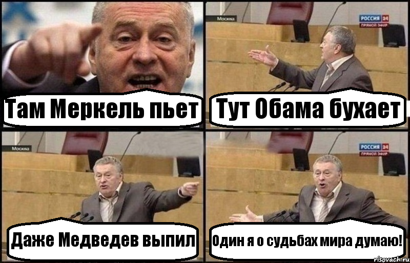 Там Меркель пьет Тут Обама бухает Даже Медведев выпил Один я о судьбах мира думаю!, Комикс Жириновский