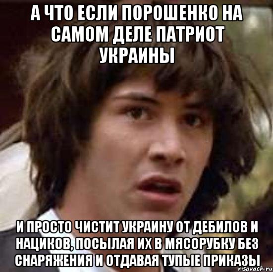 А что если Порошенко на самом деле патриот Украины и просто чистит Украину от дебилов и нациков, посылая их в мясорубку без снаряжения и отдавая тупые приказы, Мем А что если (Киану Ривз)