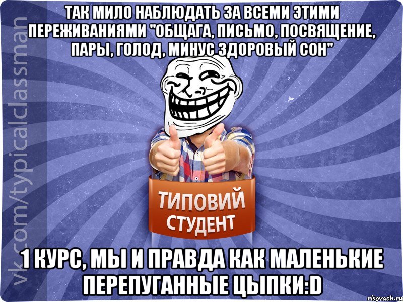 так мило наблюдать за всеми этими переживаниями "общага, письмо, посвящение, пары, голод, минус здоровый сон" 1 курс, мы и правда как маленькие перепуганные цыпки:D, Мем АВПУК22543