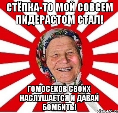 Стёпка-то мой совсем пидерастом стал! Гомосеков своих наслушается и давай бомбить!, Мем  бабуля