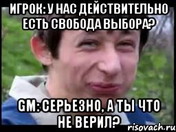 Игрок: У нас действительно есть свобода выбора? Gm: Серьезно, а ты что не верил?