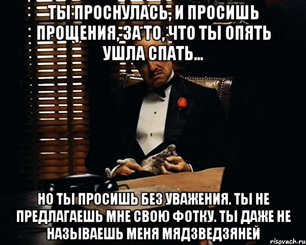 Ты проснулась, и просишь прощения, за то, что ты опять ушла спать... Но ты просишь без уважения. Ты не предлагаешь мне свою фотку. Ты даже не называешь меня Мядзведзяней, Мем Дон Вито Корлеоне