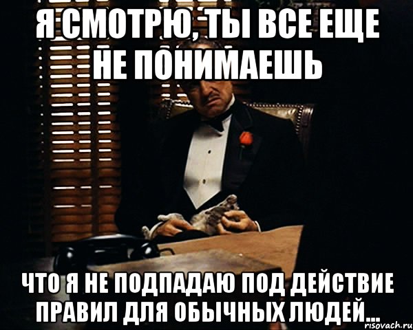 я смотрю, ты все еще не понимаешь что я не подпадаю под действие правил для обычных людей..., Мем Дон Вито Корлеоне