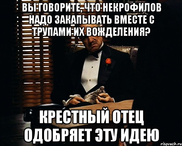 ВЫ ГОВОРИТЕ, ЧТО НЕКРОФИЛОВ НАДО ЗАКАПЫВАТЬ ВМЕСТЕ С ТРУПАМИ ИХ ВОЖДЕЛЕНИЯ? КРЕСТНЫЙ ОТЕЦ ОДОБРЯЕТ ЭТУ ИДЕЮ, Мем Дон Вито Корлеоне