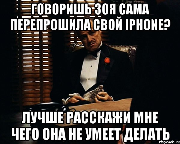 Говоришь Зоя сама перепрошила свой iPhone? Лучше расскажи мне чего она не умеет делать, Мем Дон Вито Корлеоне