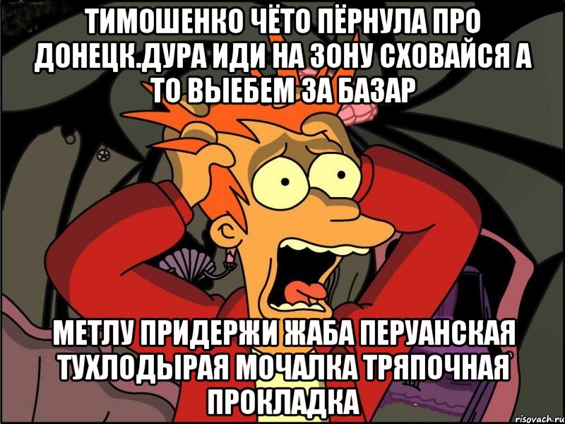 Тимошенко чёто пёрнула про донецк.дура иди на зону сховайся а то выебем за базар Метлу придержи жаба перуанская тухлодырая мочалка тряпочная прокладка, Мем Фрай в панике